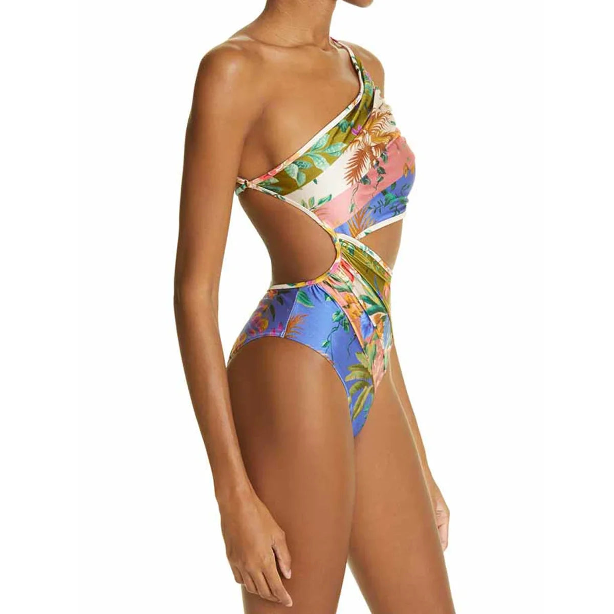 Zina One-Piece Swimsuit Tropical Print One-Shoulder Cutout - Image 6