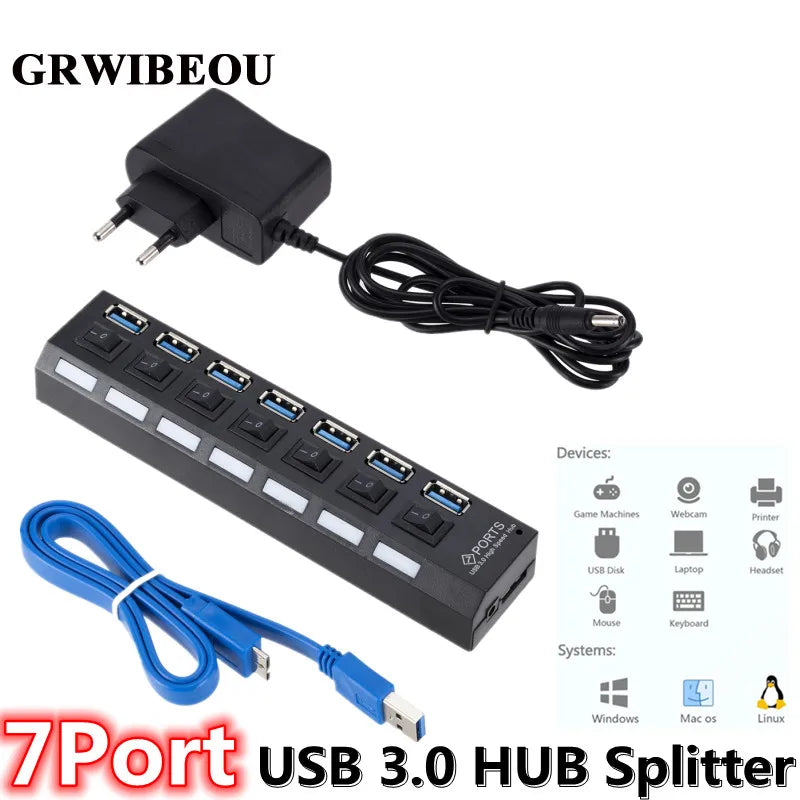 7-Port USB 3.0 Hub – Multi USB Splitter with Power Adapter