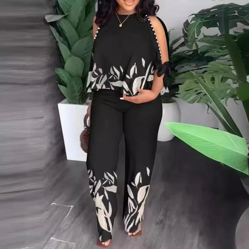 Women Two Piece Set Cold Shoulder Top and Straight Leg Pants - Image 2