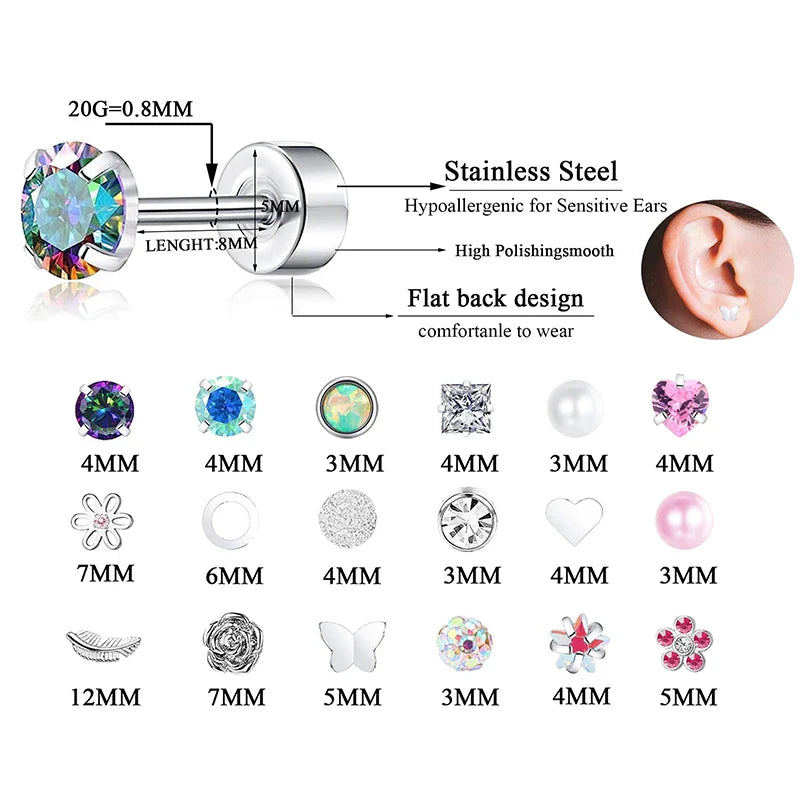 2PCS/Set Stainless Steel Heart Moon Earbone Stud Screw Ball Stud Earrings for Women Fashion Ear Tragus Cartilage Body Piercing