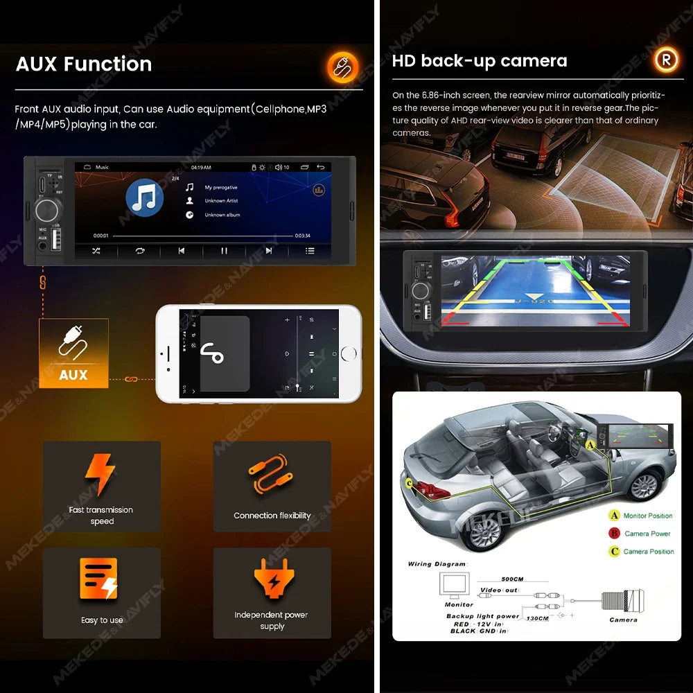 1-DIN Car Stereo with 6.86" Touch Screen – Wireless CarPlay & Android Auto