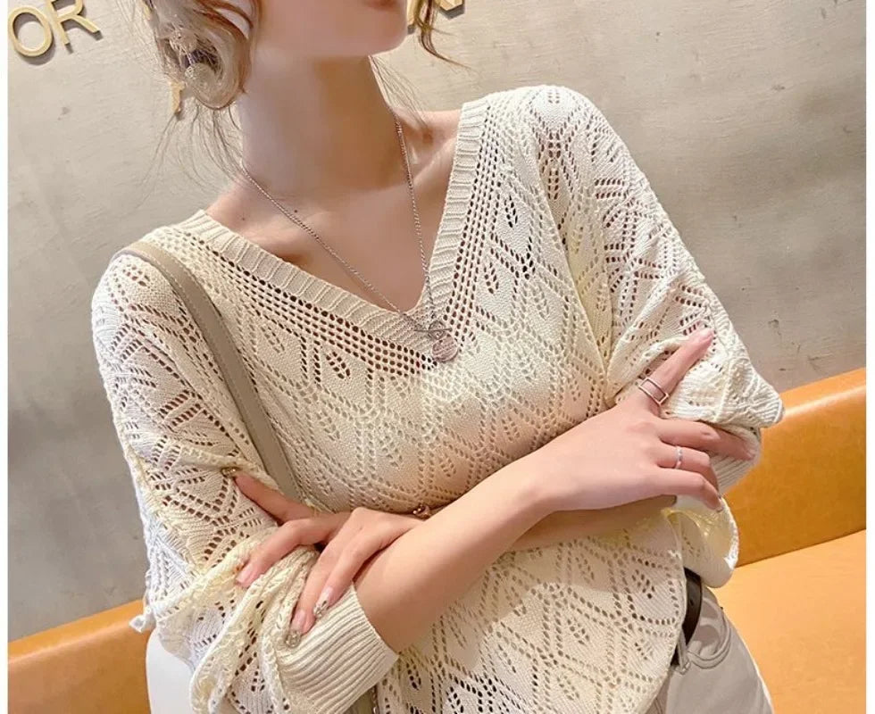 Women's V-Neck Crochet Hollow Knit Pullover Sweater Long Sleeve - Image 11