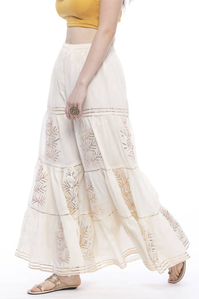 Off White Cotton Sharara Pants for Girls with Traditional Gota Work