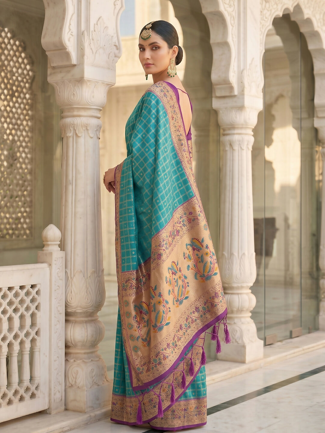 Turquoise Banarasi Silk Blend Saree with Matching Blouse Piece