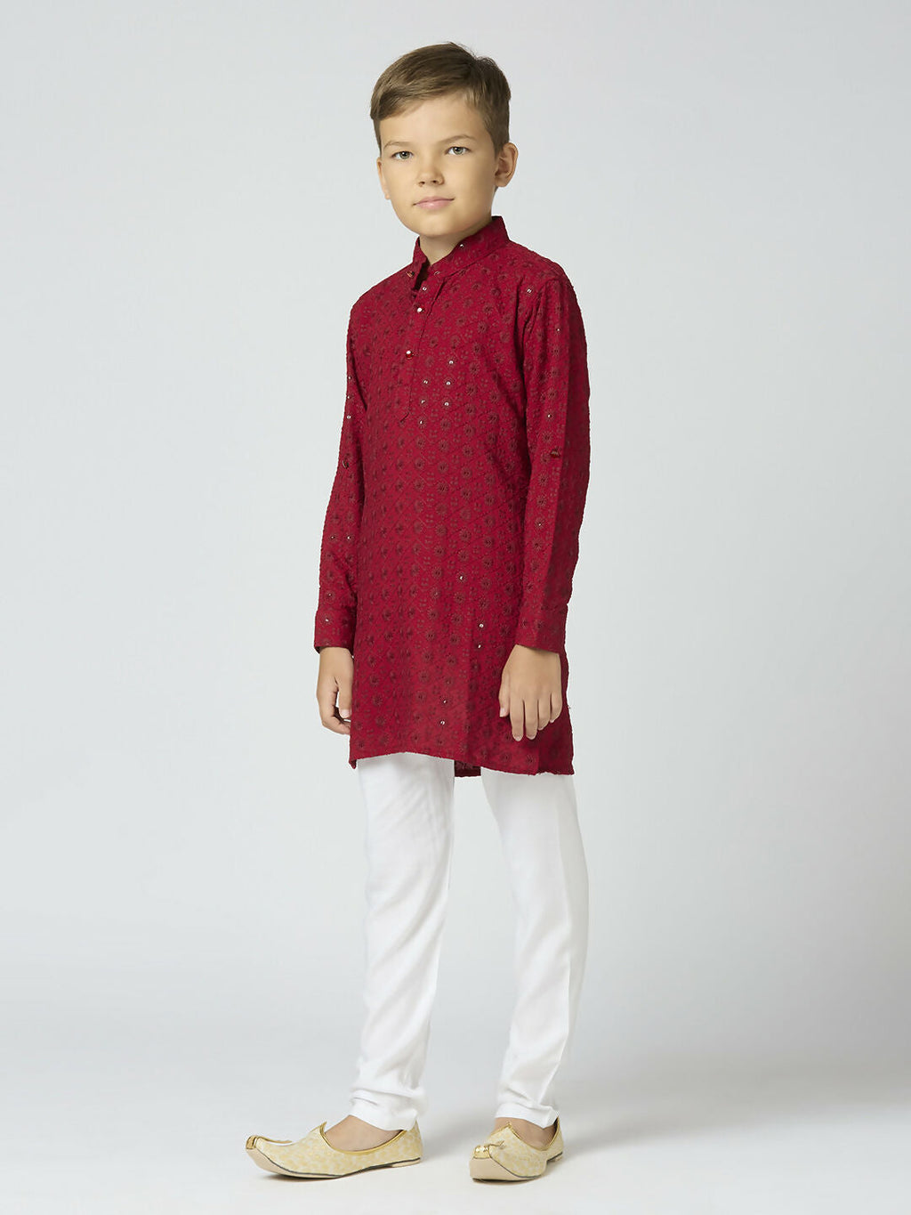 Boys Maroon Cotton Kurta and Pyjama Set with Elegant Sequin Work