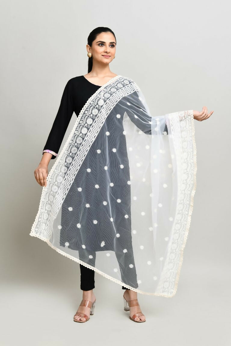 White Cotton Pakistani Karanchi Dupatta with Elegant Embroidery