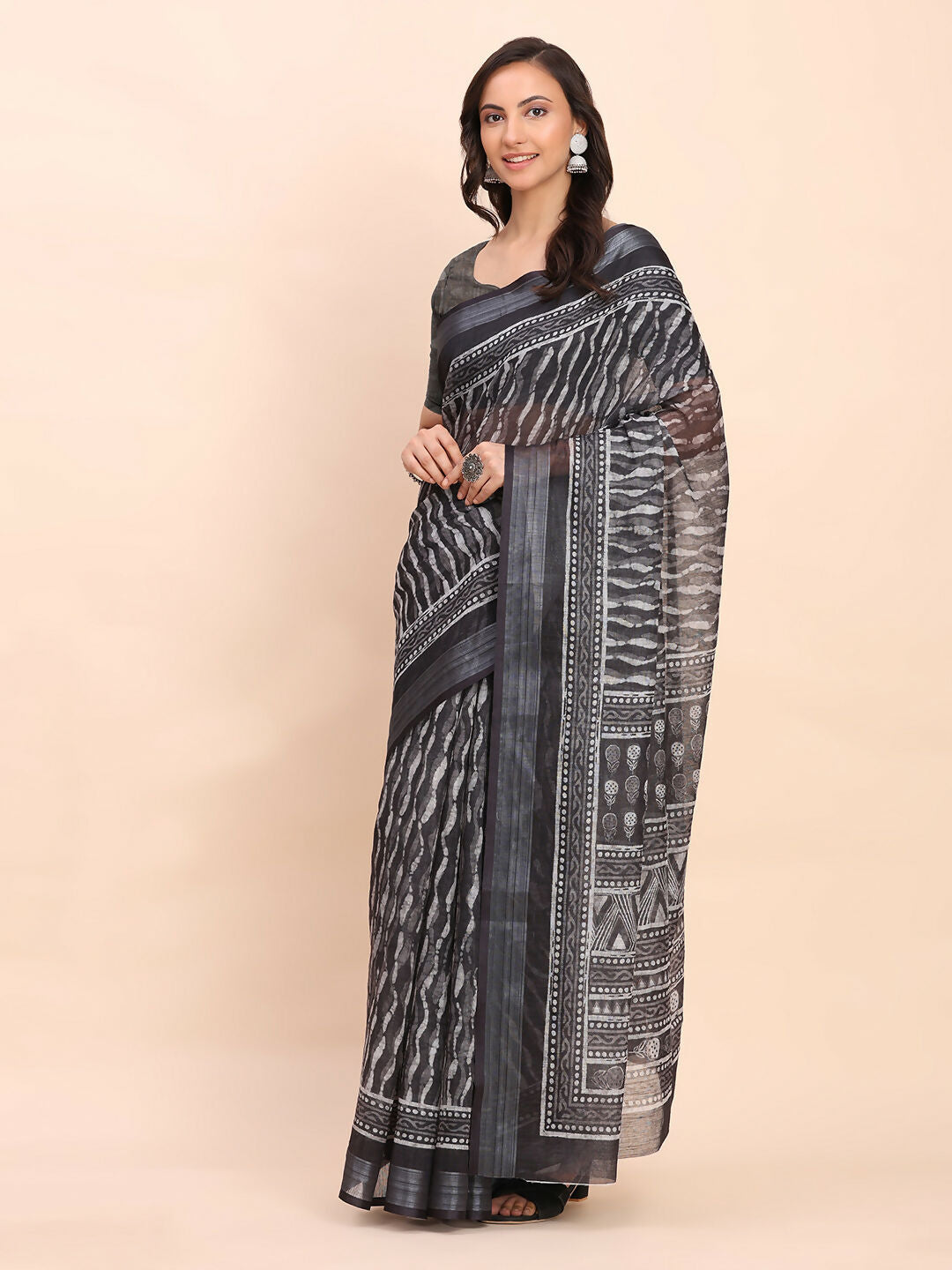 Minimalist Black Linen Cotton Saree with Matching Blouse