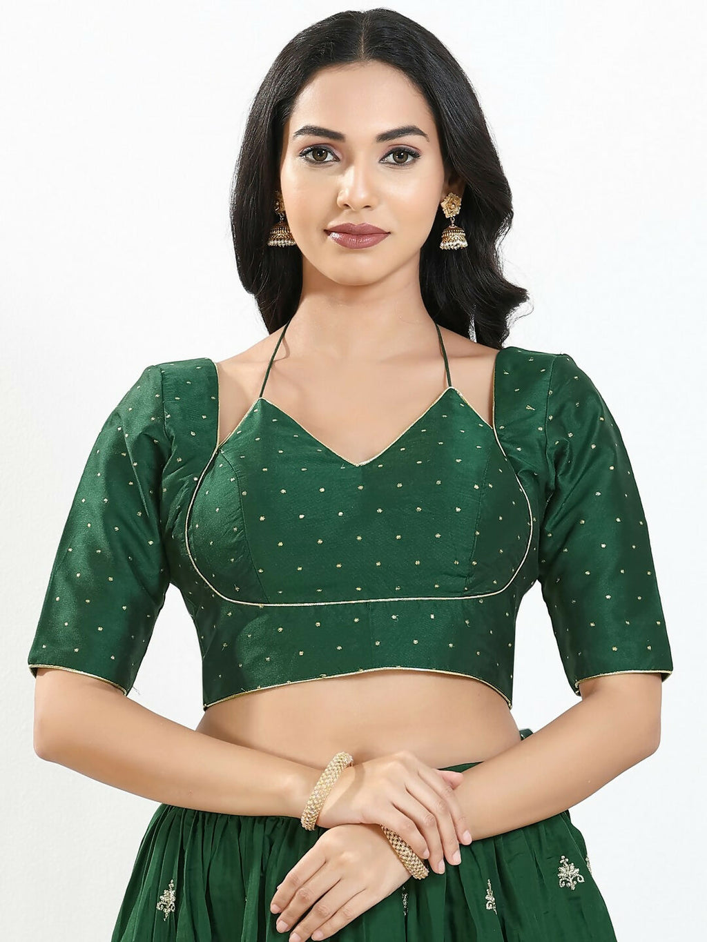 Bottle Green Brocade Padded Blouse with Sweetheart Neck