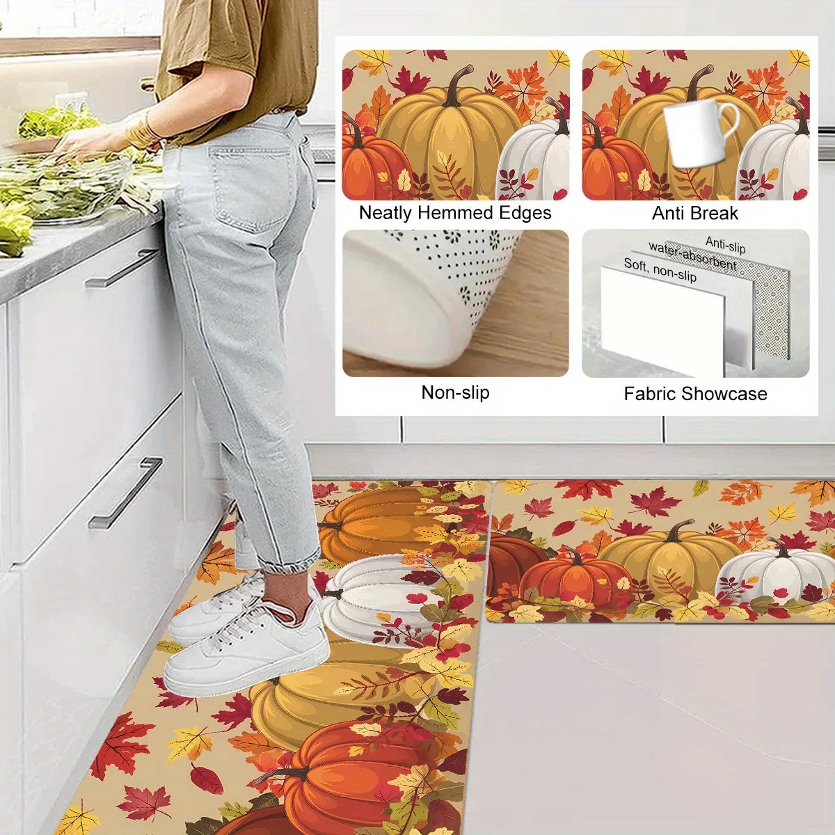 VIKAMA Thanksgiving Carpet Pumpkin Maple Leaf Carpet Kitchen Rug Long Carpet Doormat Living Room Bedroom Sofa Soft Floor Mat