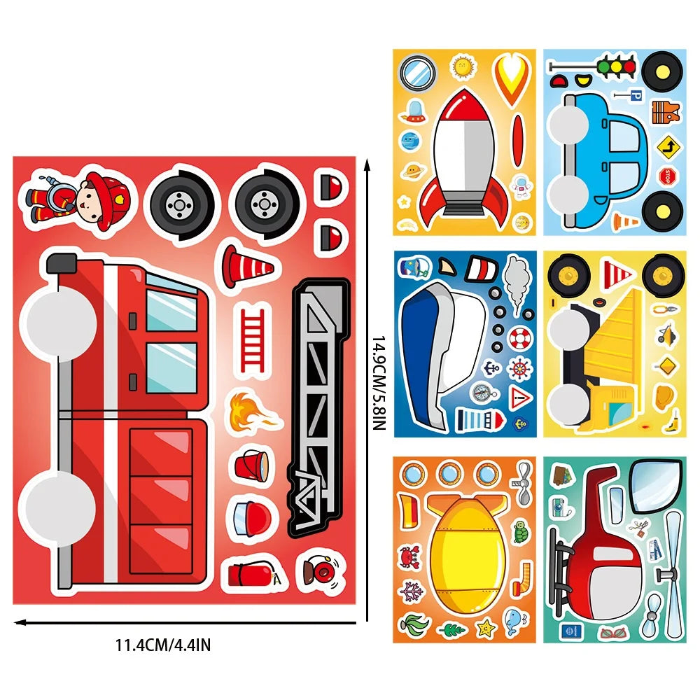 8/16/24PCS Cartoon Transportation Car Face Changing Puzzle Stickers DIY Decoration Guitar Helmet Notebook Stationery Stickers