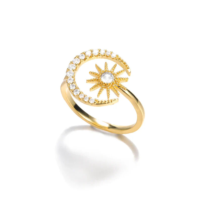 Zircon Star Moon Rings For Women Gold Color Stainless Steel Geometric Star Moon Ring Engagement Wedding Christmas Jewelry Gift