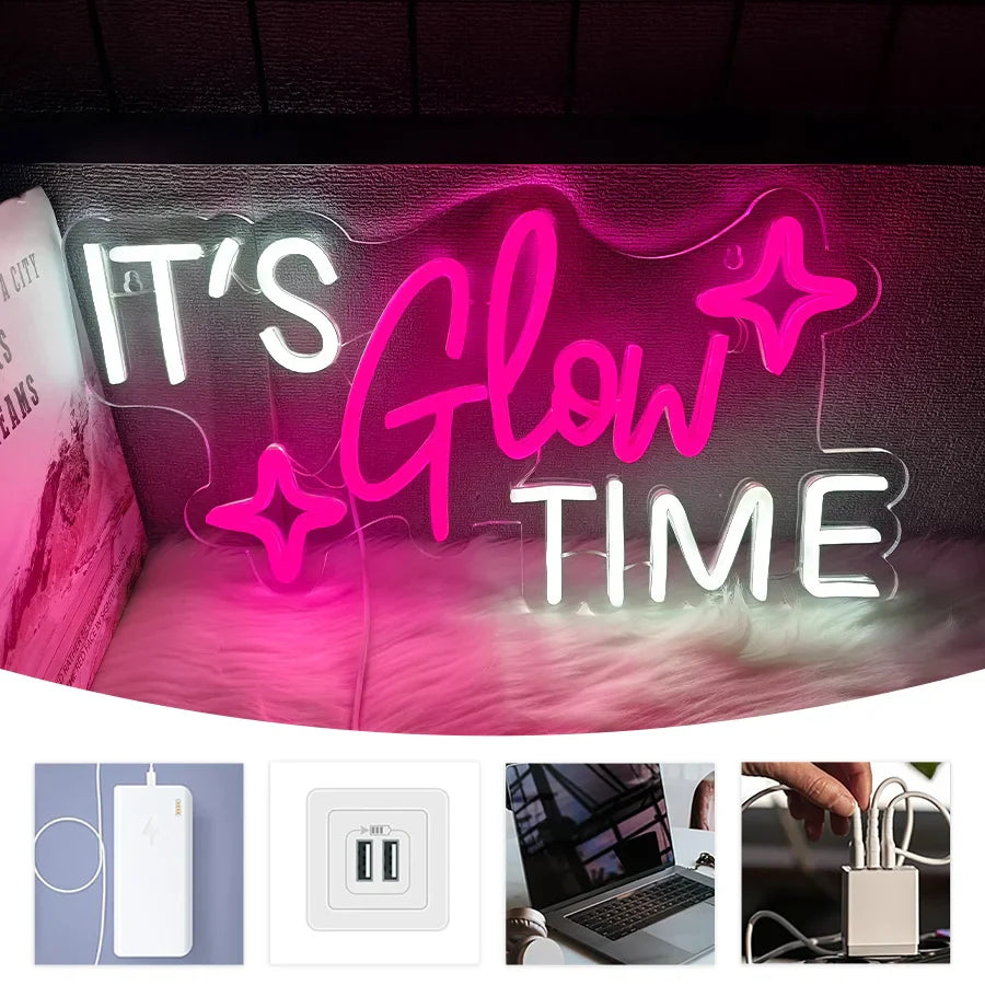 It'S Glow Time Neon Sign, Pink Heart Icon Handmade Usb Powered, Used For Bachelor Party, Beauty Salons, Nail Salons Art Decor.
