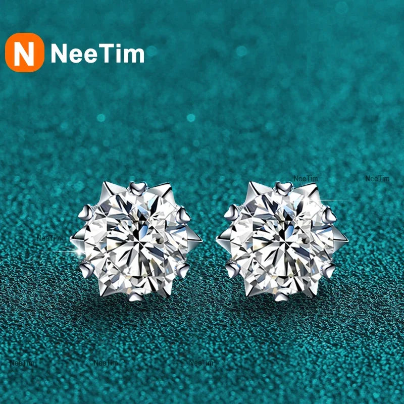 NeeTim 0.3ct-2ct Moissanite Earrings Lab Diamond 925 Sterling Silver with Gold Plated Snowflake Studs Earring Wedding Jewelry