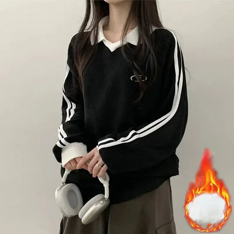 Women Long Sleeve Polo Pullover Sweater Striped Casual Top - Image 17