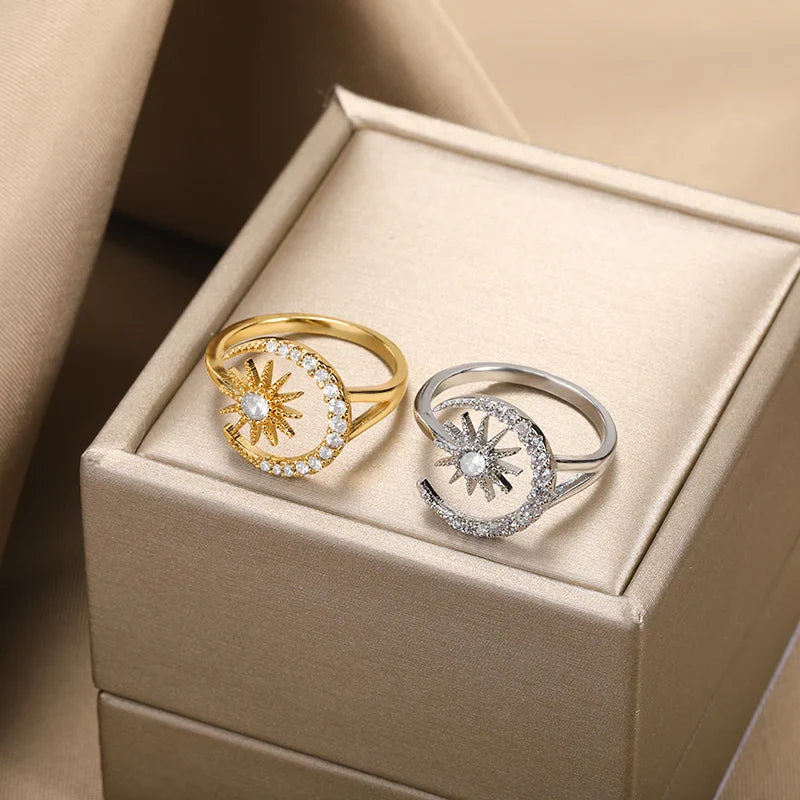 Zircon Star Moon Rings For Women Gold Color Stainless Steel Geometric Star Moon Ring Engagement Wedding Christmas Jewelry Gift