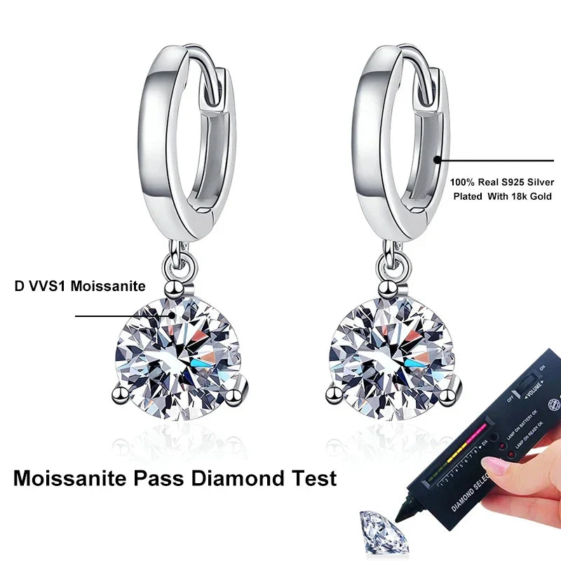 NeeTim 2ct Moissanite Earrings100% S925 Sterling Silver Orginal Drop Earring Wedding Bride Jewelry with Certificate for Women