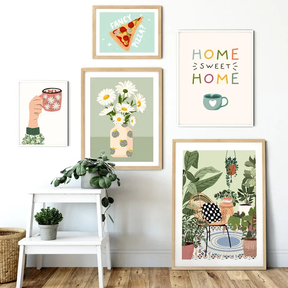 Tropical Plants Daisy Vase Pizza Coffee Cup Food Abstract Posters Prints Wall Art Canvas Pictures Boho Kitchen Living Room Decor