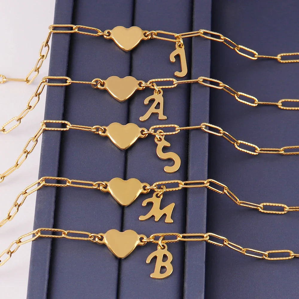 Stainless Steel 26 Letters English Initial Letter Heart Bracelet DIY Personalized Name Bracelets Women Anniversary Jewelry Gifts