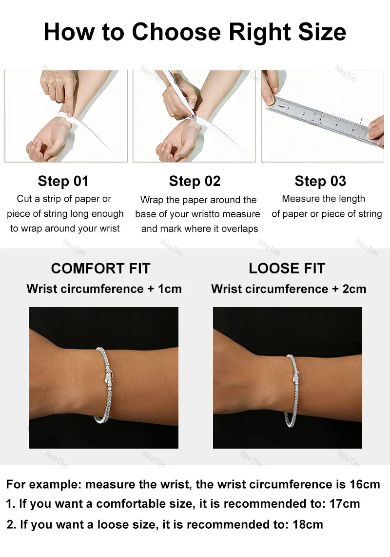 NeeTim 3mm 4mm 5mm Moissanite Tennis Bracelet Full Diamond 925 Sterling Silver with Gold Plated Bracelets For Women Men