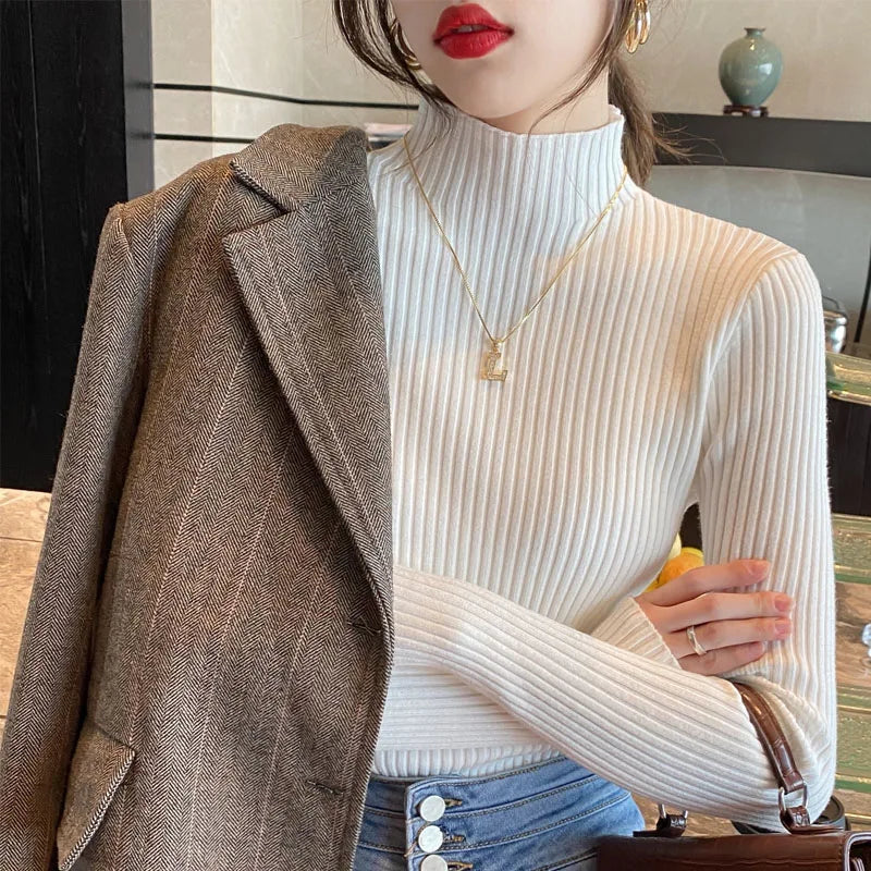Women Mock Neck Ribbed Knit Pullover Long Sleeve Slim Fit Sweater - Image 6