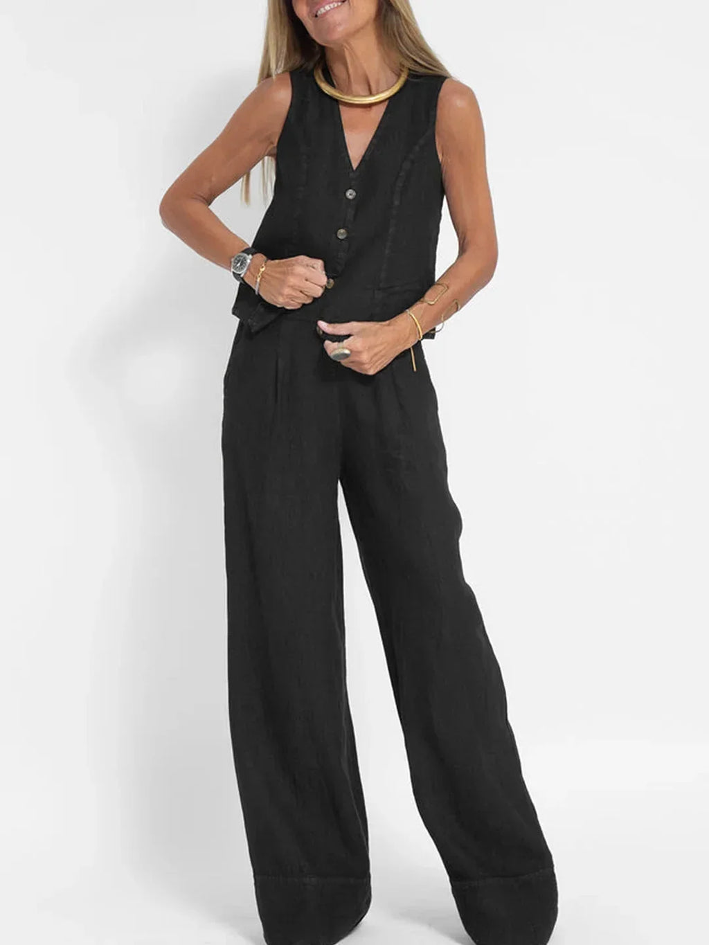 Women's Sleeveless Vest and Pants Set, Colorblock Two-Piece Suit