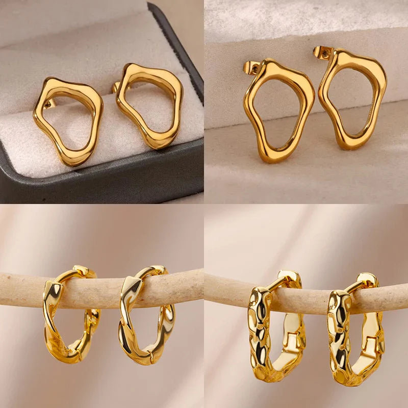 Irregular Hollow Cute Stainless Steel Stud Earrings for Women Gold Color Wedding Aesthetic Irregular Texture Earring Jewelry BFF