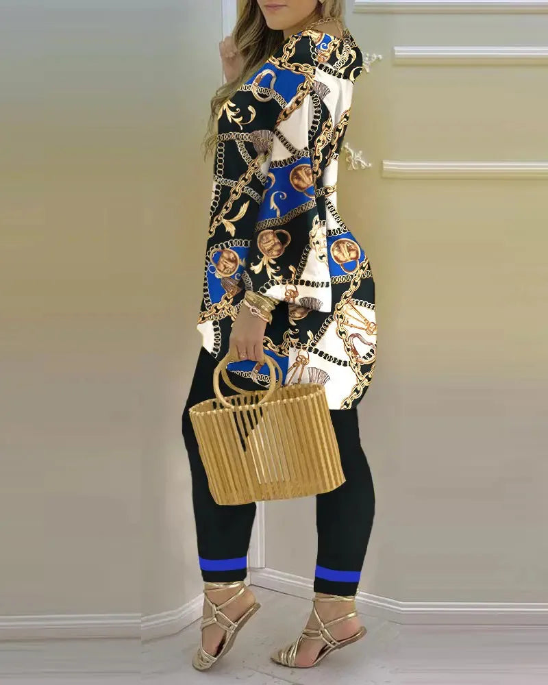 Women Printed V-Neck Long Sleeve Top and Pant Two Piece Set - Image 21