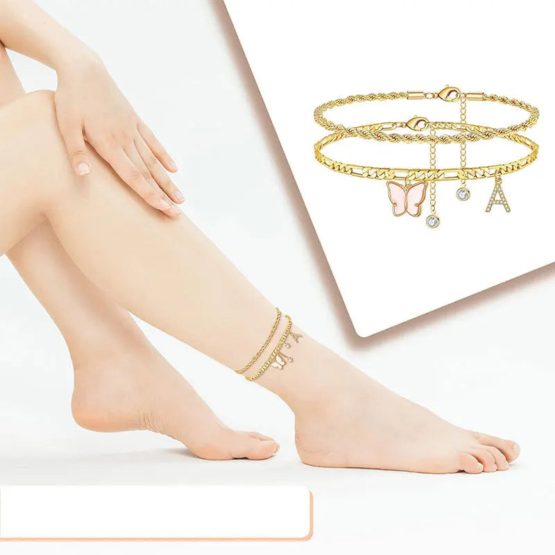 2Pcs Stainless Steel Initial Anklet Set For Women 26 Letter Acrylic Butterfly Charm Chain On Foot Summer Ankle Bracelet Jewelry
