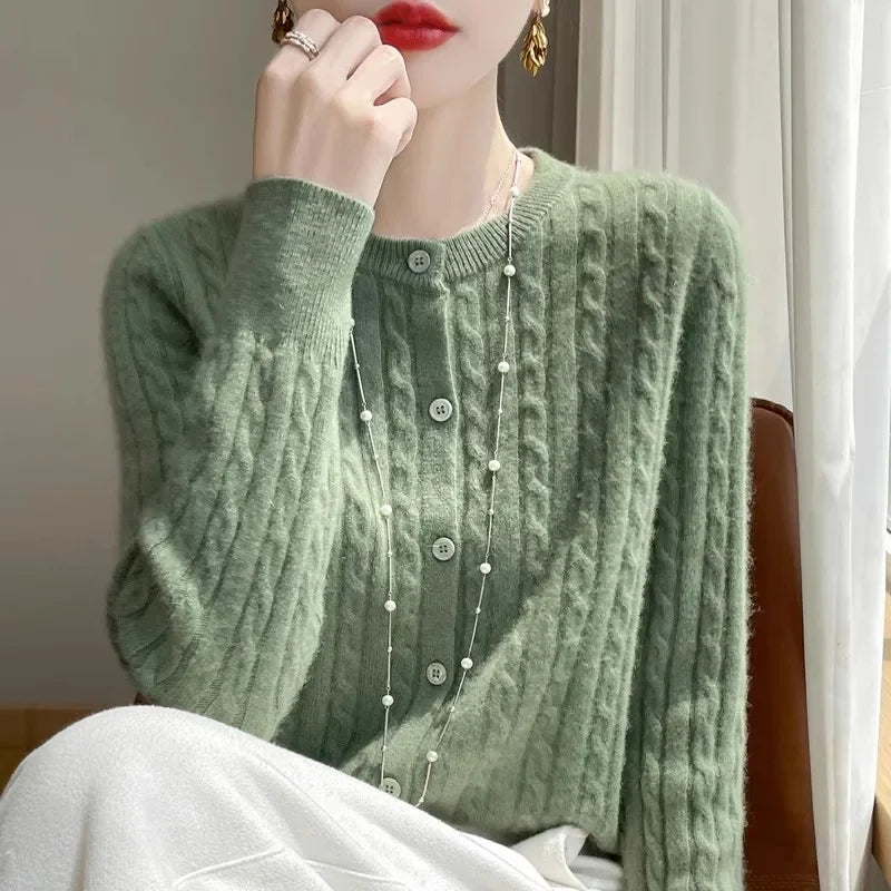 Long Sleeve Knitted O-neck Basic Thick Warm Cardigan