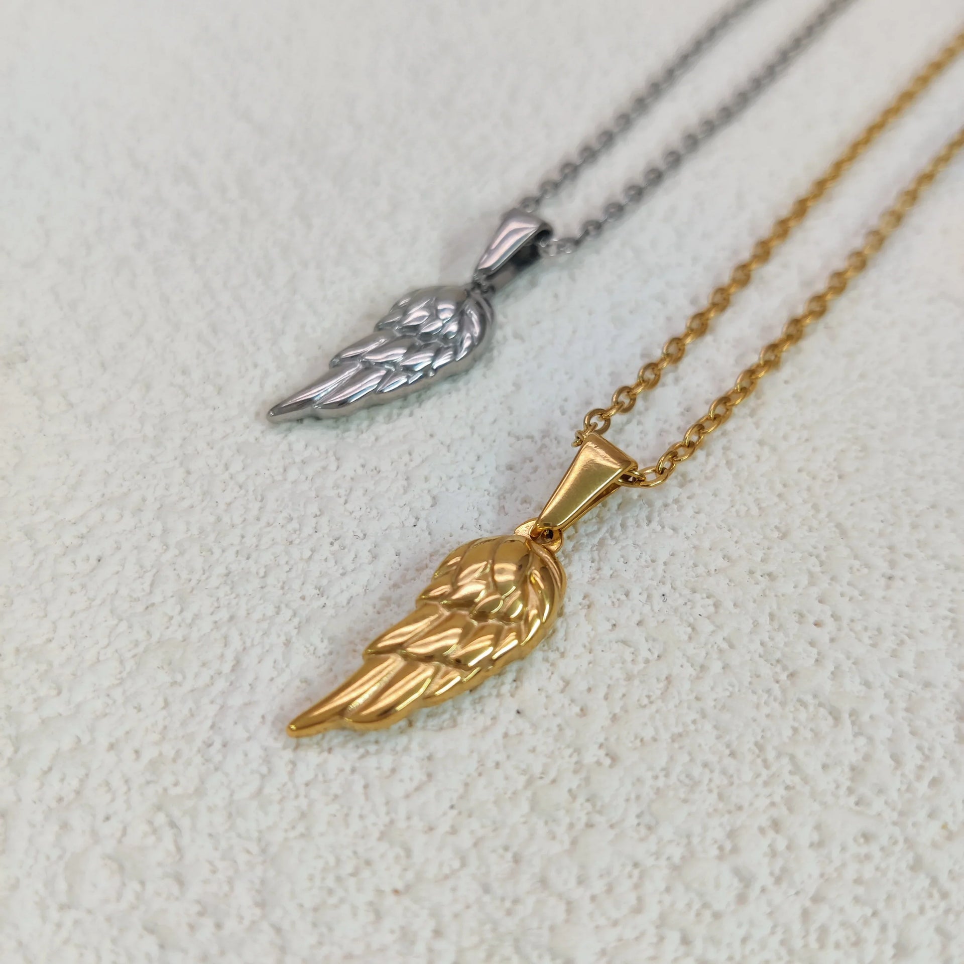 18K Gold Plated Angel Wing Pendant Necklace - Vintage Feather Design for Men, Stainless Steel Chain Jewelry Gift