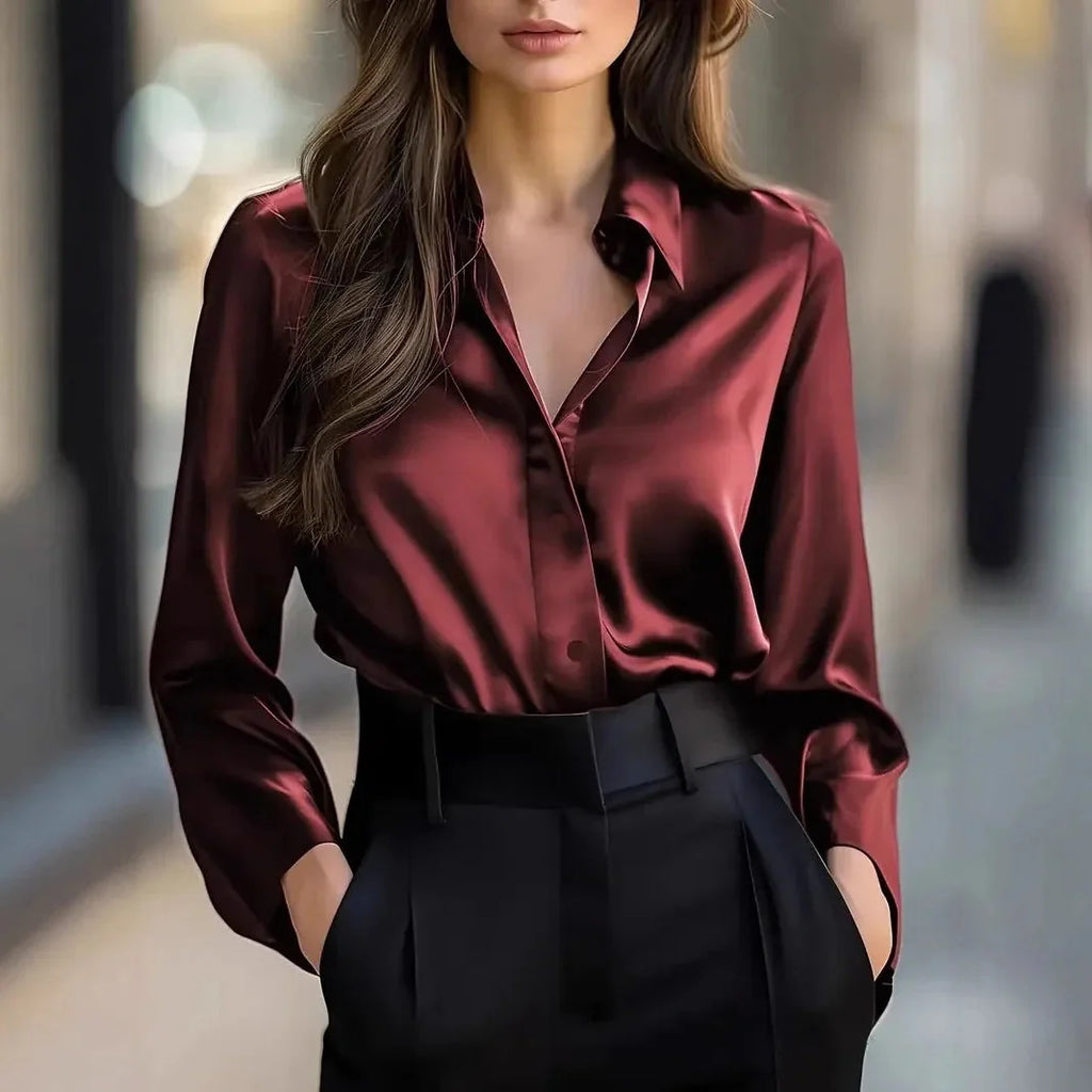 Women's Classic Satin Button Down Shirt Long Sleeve Lapel Blouse - Image 3