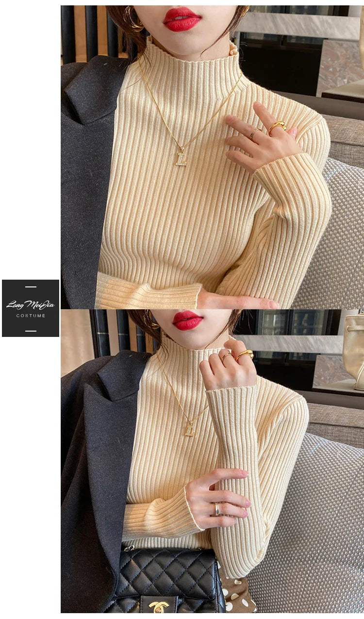 Women Mock Neck Ribbed Knit Pullover Long Sleeve Slim Fit Sweater - Image 11