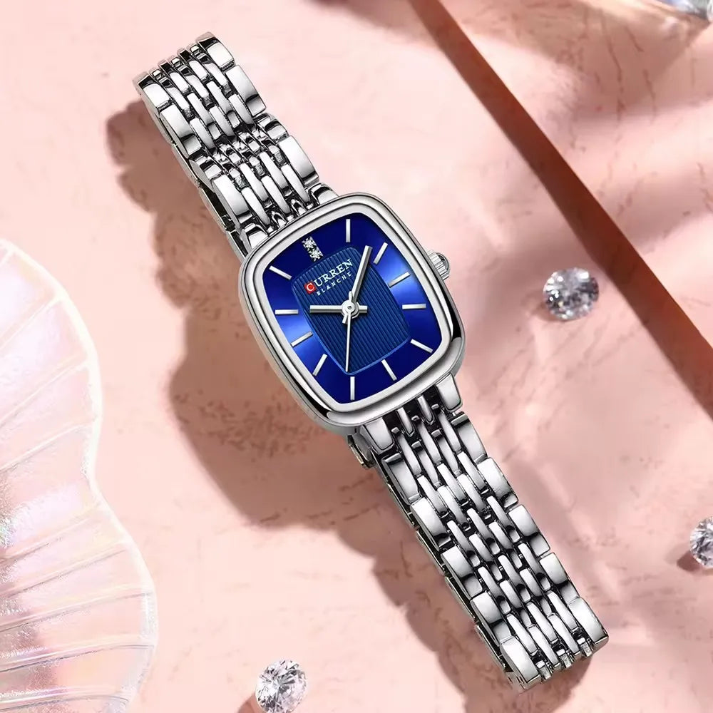 CURRN 9093 Women's Quartz Watch Fashion Leisure Diamond Simple Gold Silvery Steel Strip Wristwatch for Ladies Gift Clock