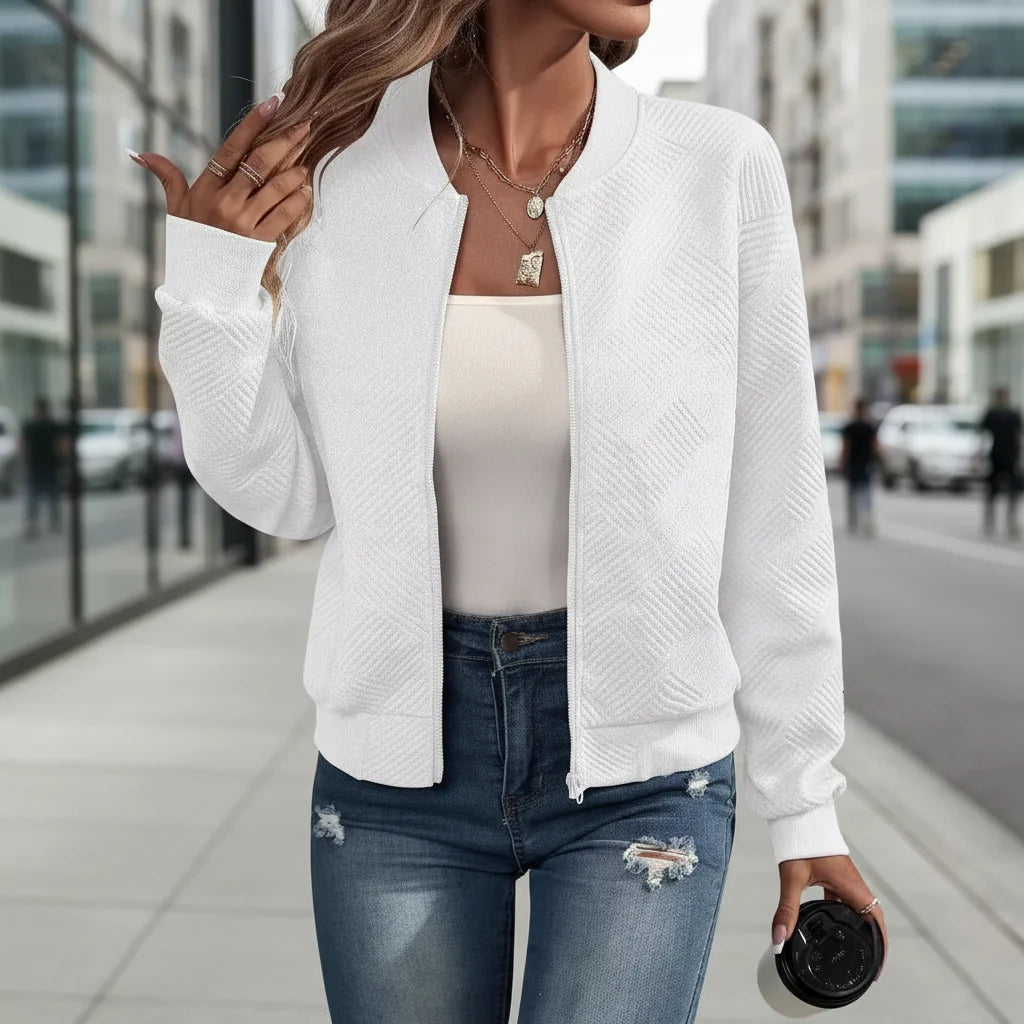 Women's Textured Zip Up Stand Collar Jacket Casual Outerwear - Image 3