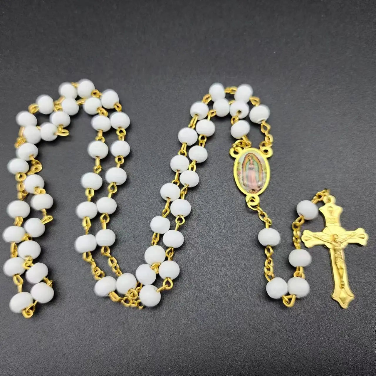 White Wooden Rosary Necklace For Women Crucifix Cross Pendant Long Chain Necklace Men  Religious Catholic Prayer Jewelry