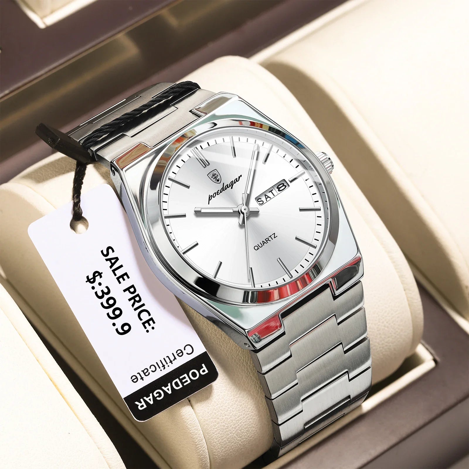 POEDAGAR Luxury Business Man Wristwatch Waterproof Luminous Stainless Steel Men Watch Date Week Fashion Quartz Men's Watches+Box