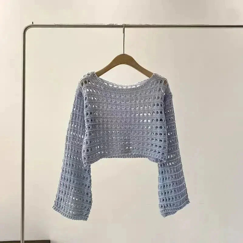Women's Crochet Knit Long Sleeve Boho Beach Cover Up Pullover - Image 3