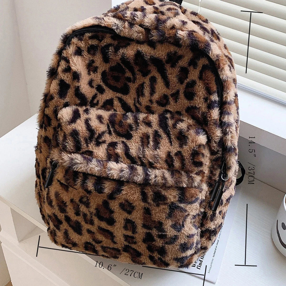 Luxury Brown Leopard Plush Backpack Purse  Large Capacity