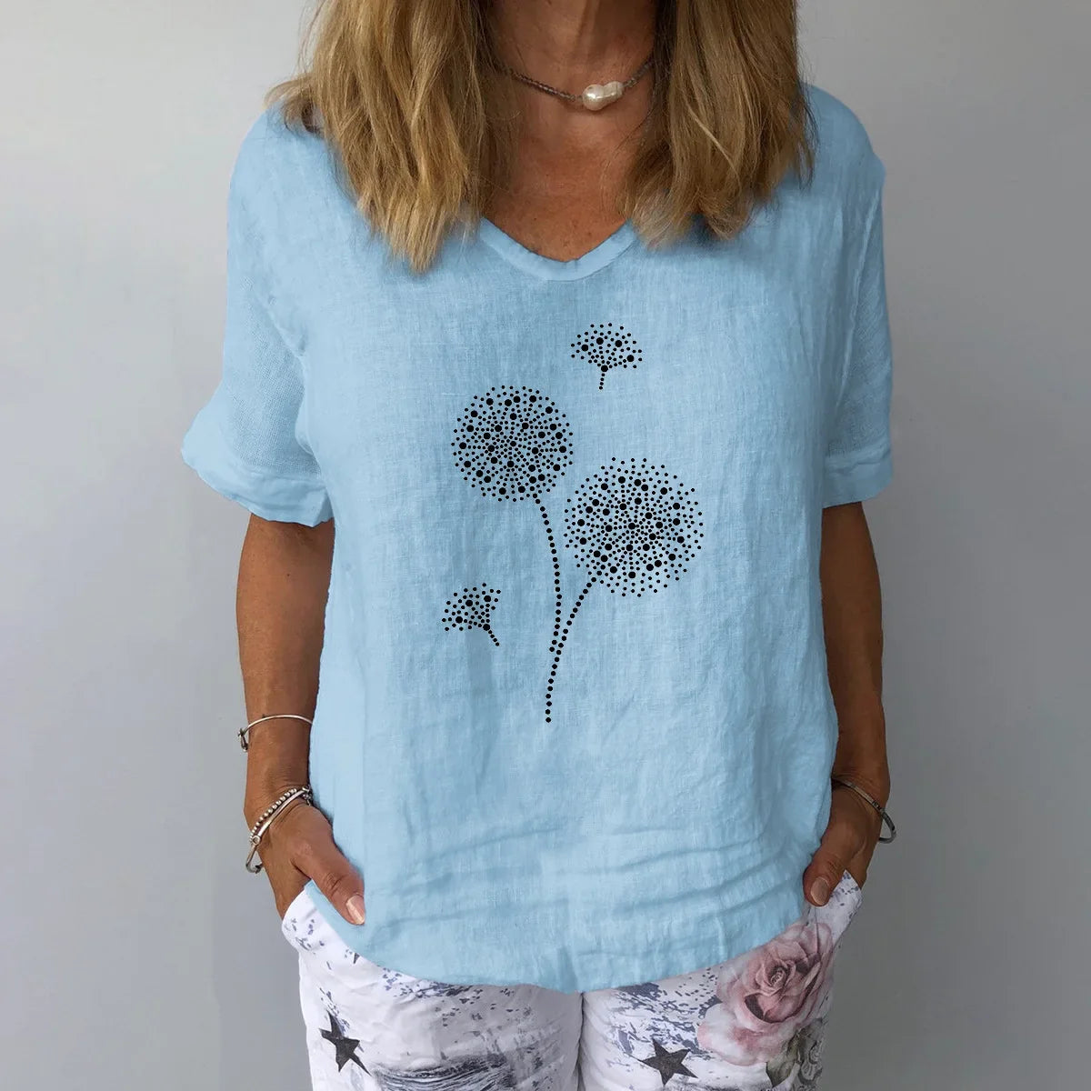 Women Dandelion Print Cotton Linen Blend Short Sleeve V-Neck Top - Image 5