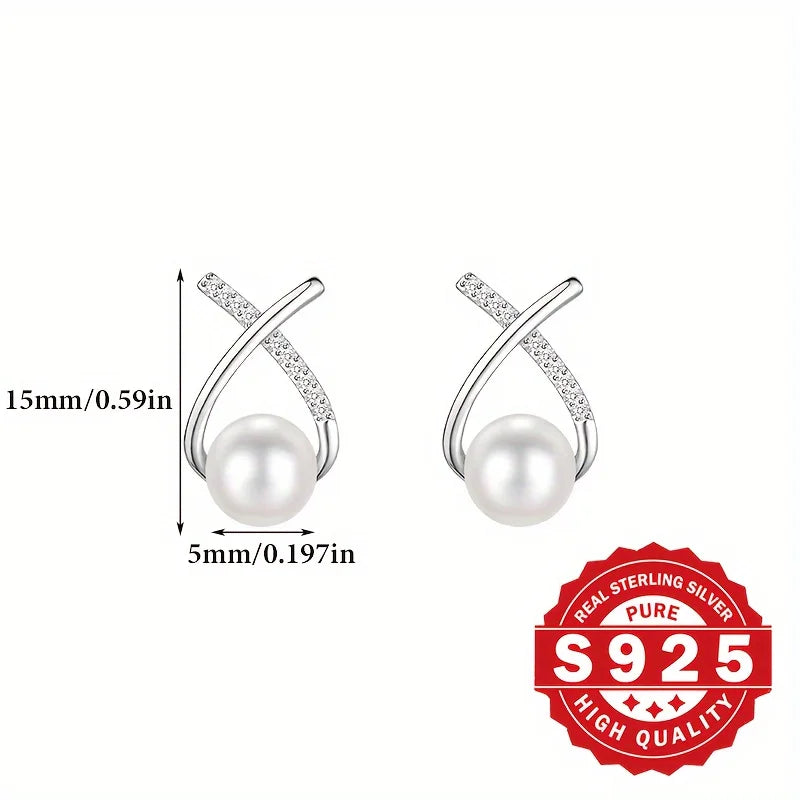 S925 silver, women's cross-tail shellfish pearl earrings, inlaid with synthetic zircon, elegant and suitable for daily wear