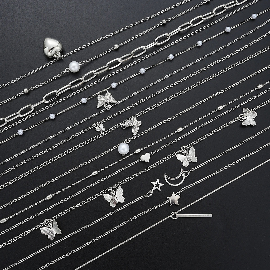 13Pcs/Set Simple Temperament Necklace Set Butterfly Pearl Heart Star Zircon Silver Color Necklace for Women Fashion Jewelry Gift