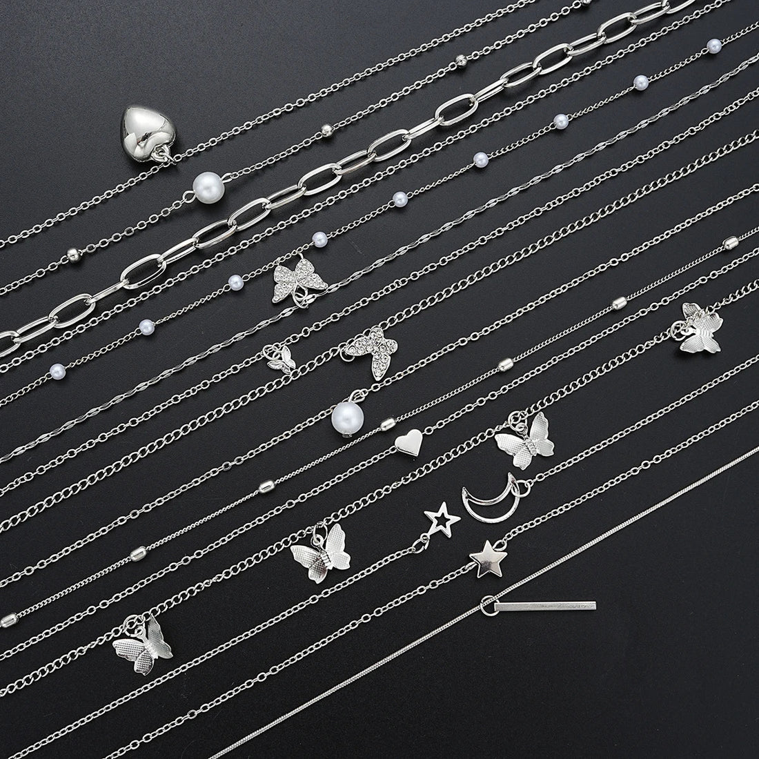 13Pcs/Set Simple Temperament Necklace Set Butterfly Pearl Heart Star Zircon Silver Color Necklace for Women Fashion Jewelry Gift