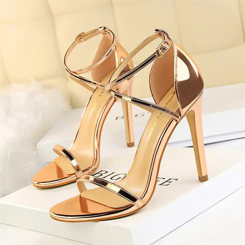 Women Thin High Heels Summer Champagne Gold Open Toe Buckle Strap Sandals Roman Pumps Gladiators Hollow Cross Strap Sandals
