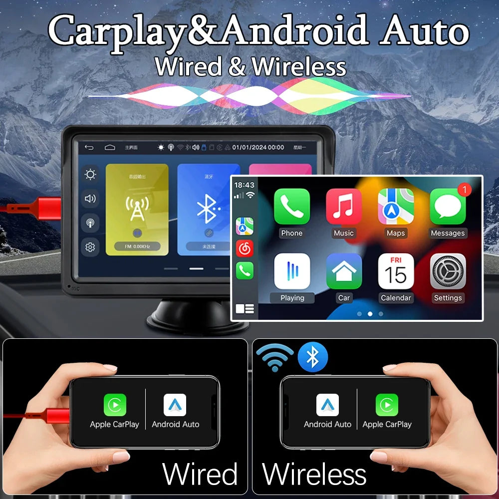 7 Inch Wireless CarPlay Screen – Portable Touch Display for Apple CarPlay and Android Auto