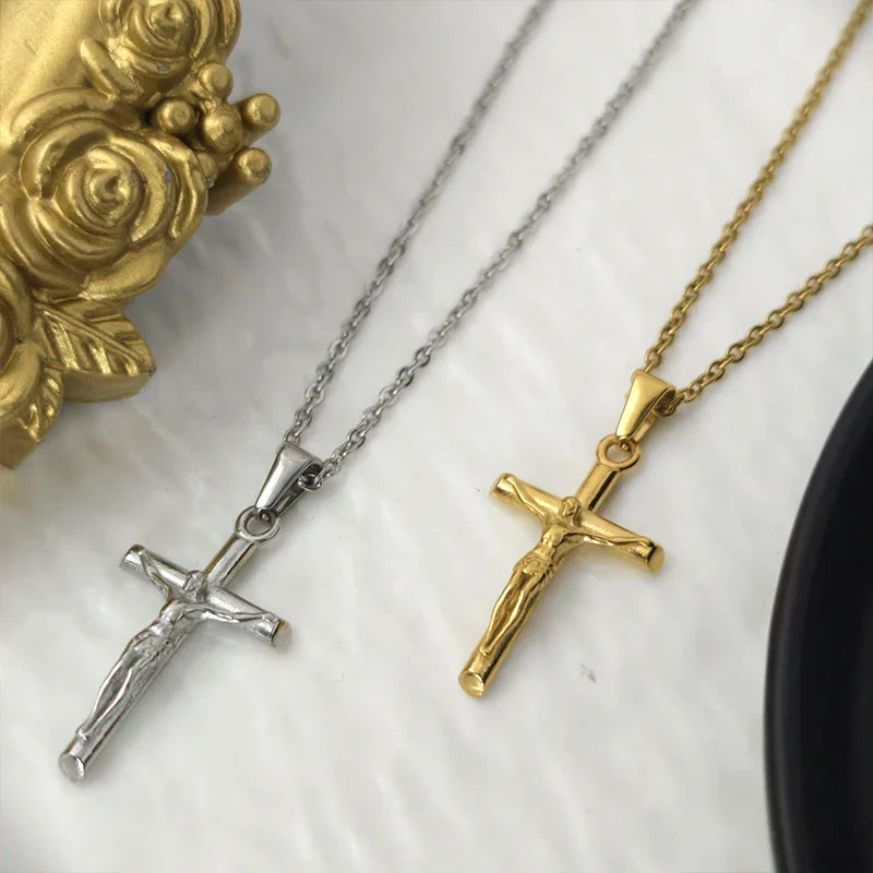 Classic Jesus Cross Necklace 18K Gold Plated Stainless Steel Religious Jewelry Polished & Durable for Men Women Christians