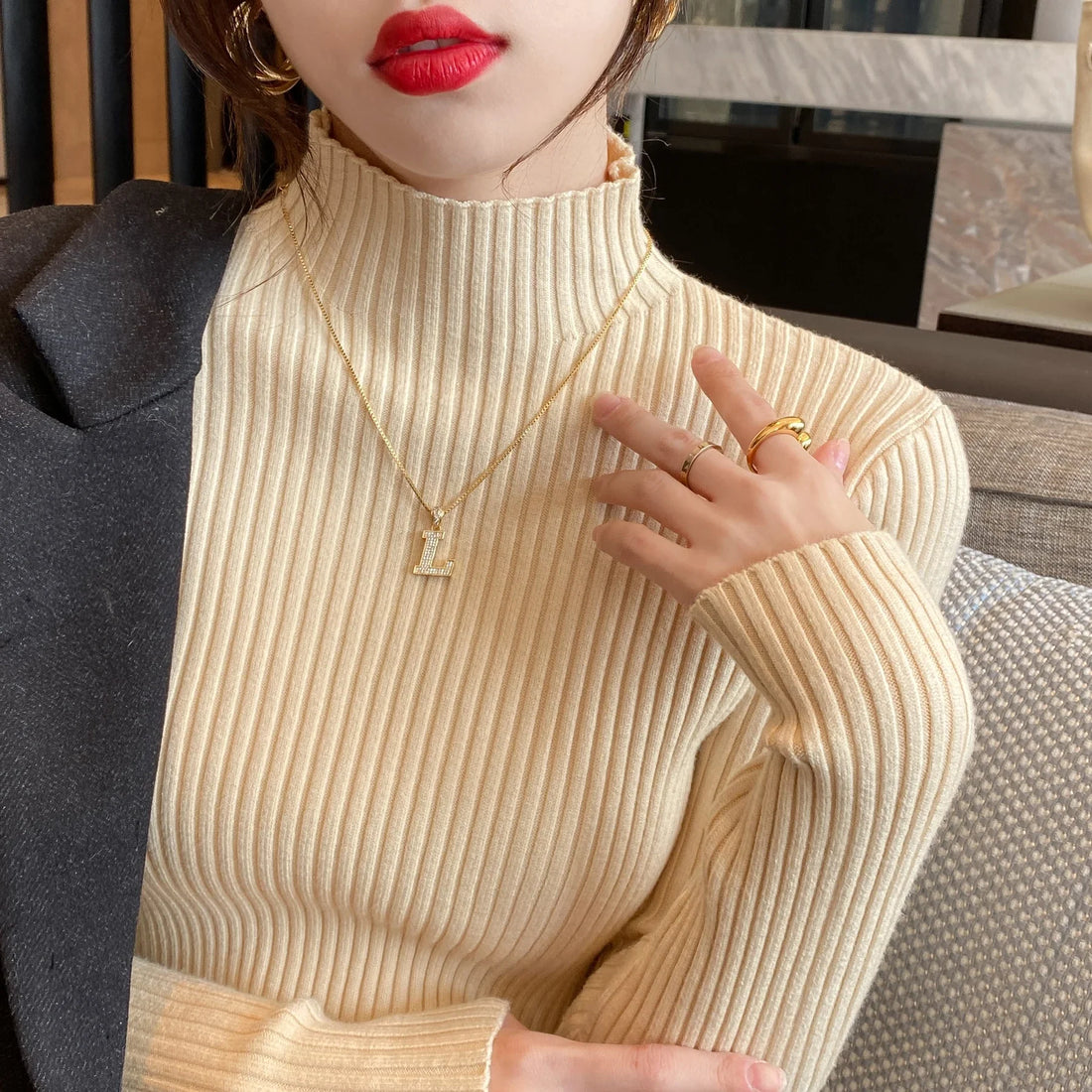 Women Mock Neck Ribbed Knit Pullover Long Sleeve Slim Fit Sweater - Image 9