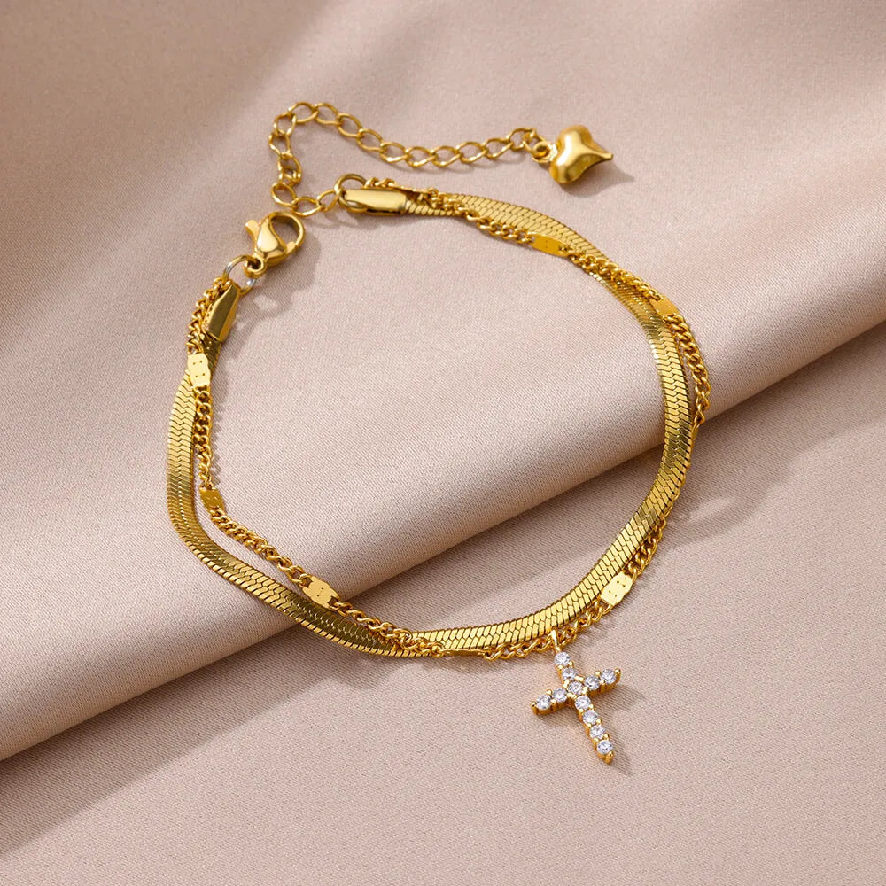 Zircon Cross Anklets For Women Gold Color Stainless Steel Cross Anklet Double Chain Summer Beach Party Jewelry Gift Accessories