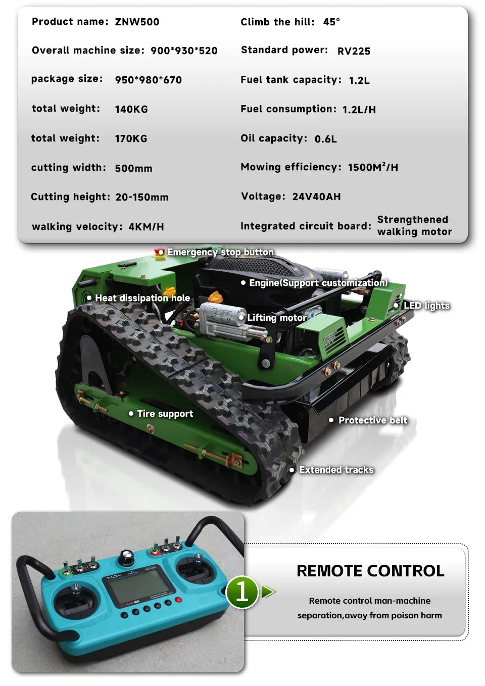 Remote Control Lawn Mower, 9.5HP Petrol, 500mm Cutting Width, All-Terrain Slope Mower
