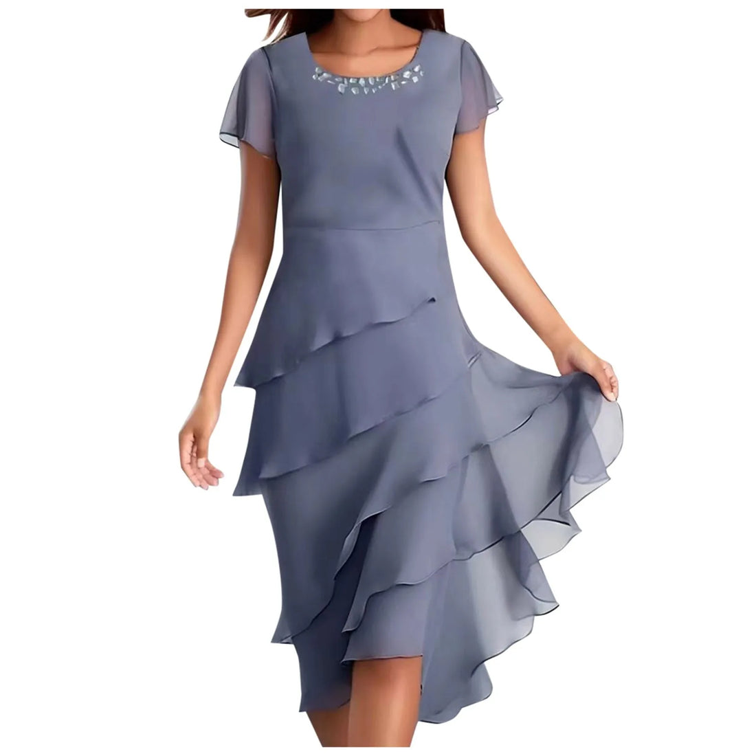 Women's Round Neck Chiffon Layered Midi Dress in Dusty Blue - Image 5