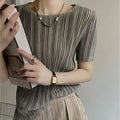 Women's Pleated Short Sleeve Blouse – O-Neck Loose Fit Casual Top for Spring & Summer